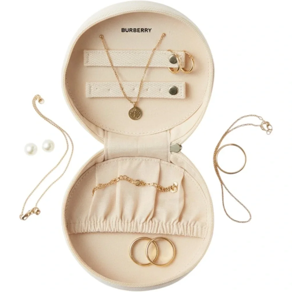 Burberry Goddess Round Canvas Cosmetic Pouch Off-White Gold Zipper Case